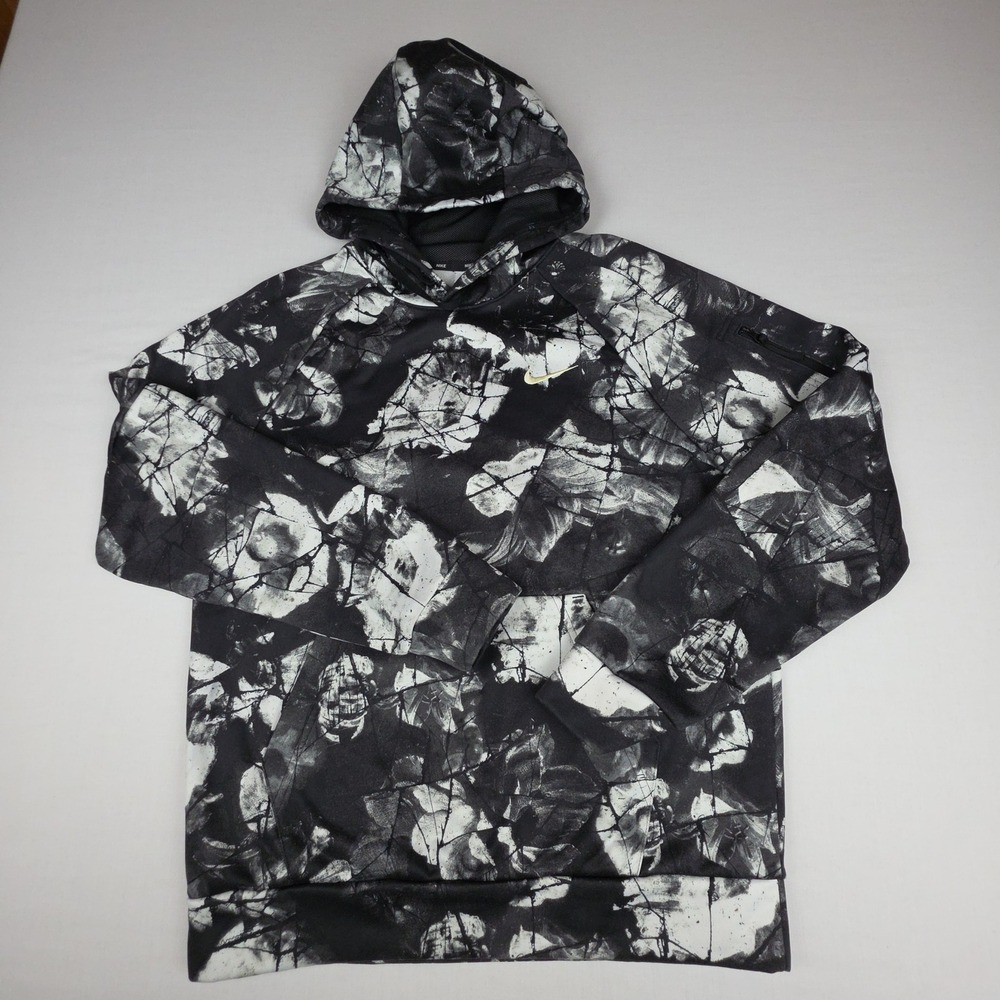 Nike Therma-FIT Pullover Hoodie Mens Small Black White Camo Print Polyester